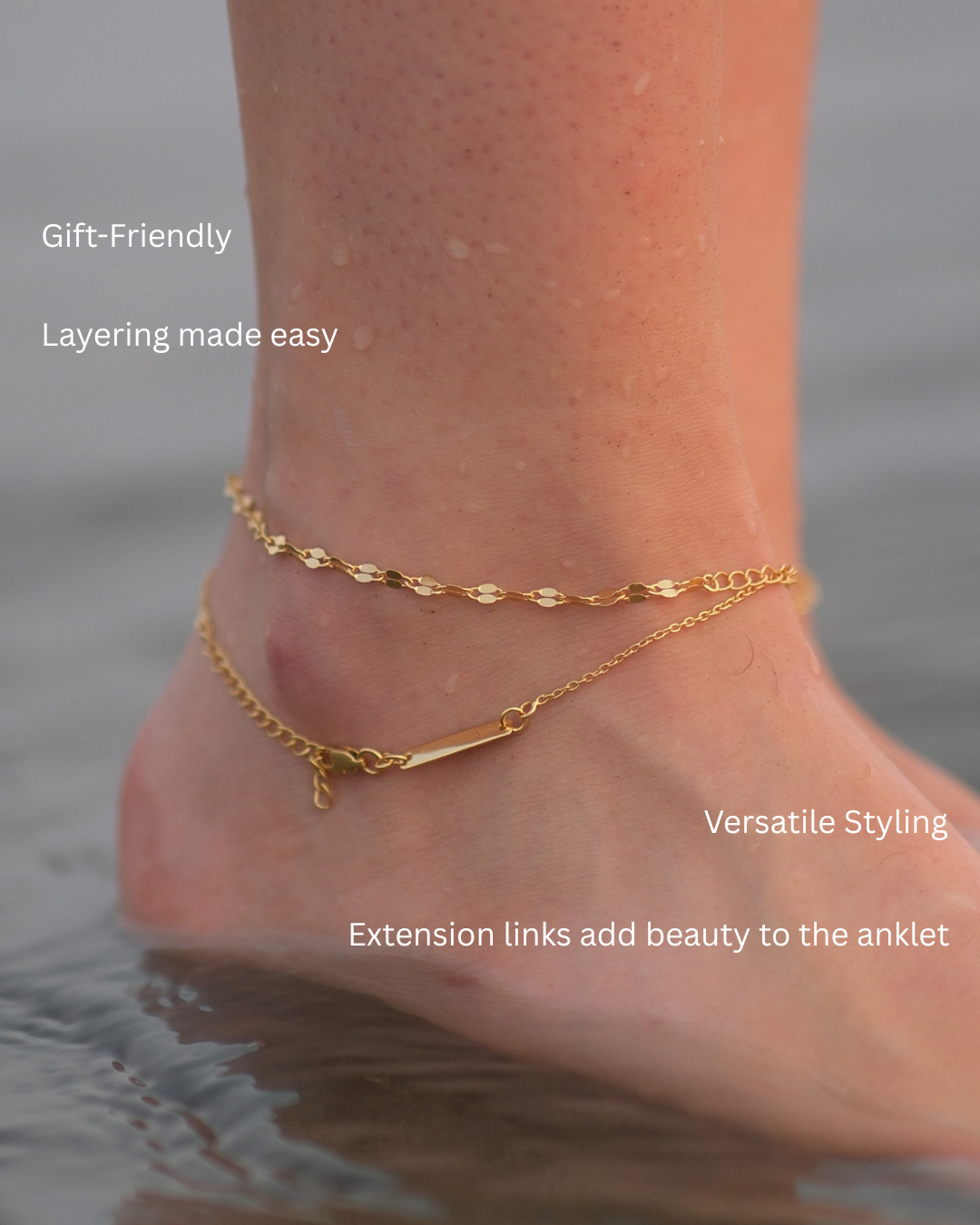 Close-up of adjustable chain and lobster claw clasp on BareBare anklet in gold vermeil