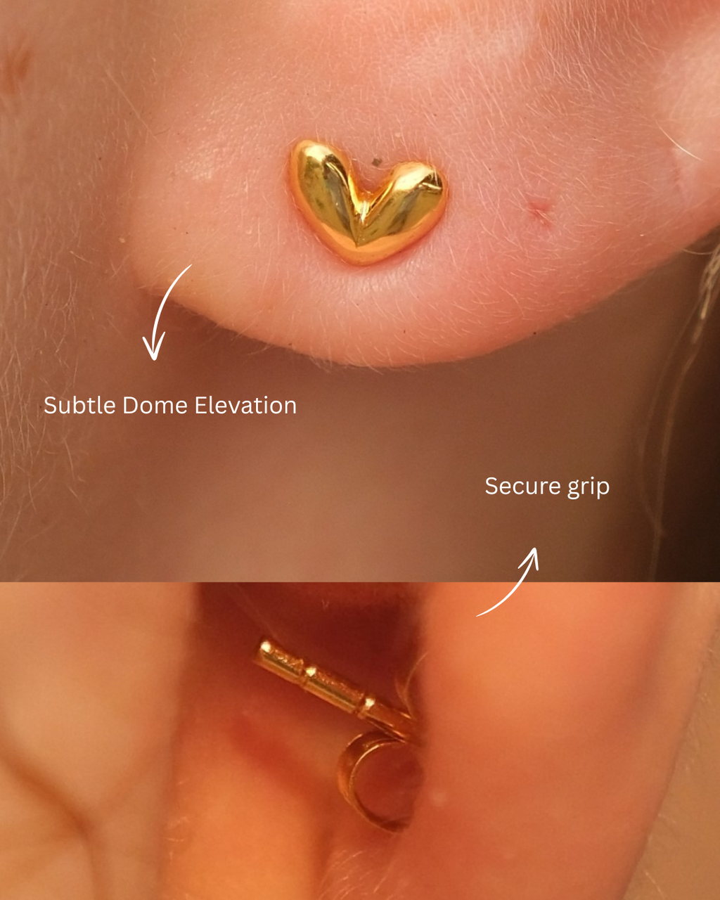 Dainty heart-shaped earrings featuring a unique raised dome design. Crafted with 18KT gold vermeil for lasting shine, these hypoallergenic studs add a timeless touch of elegance to any look.