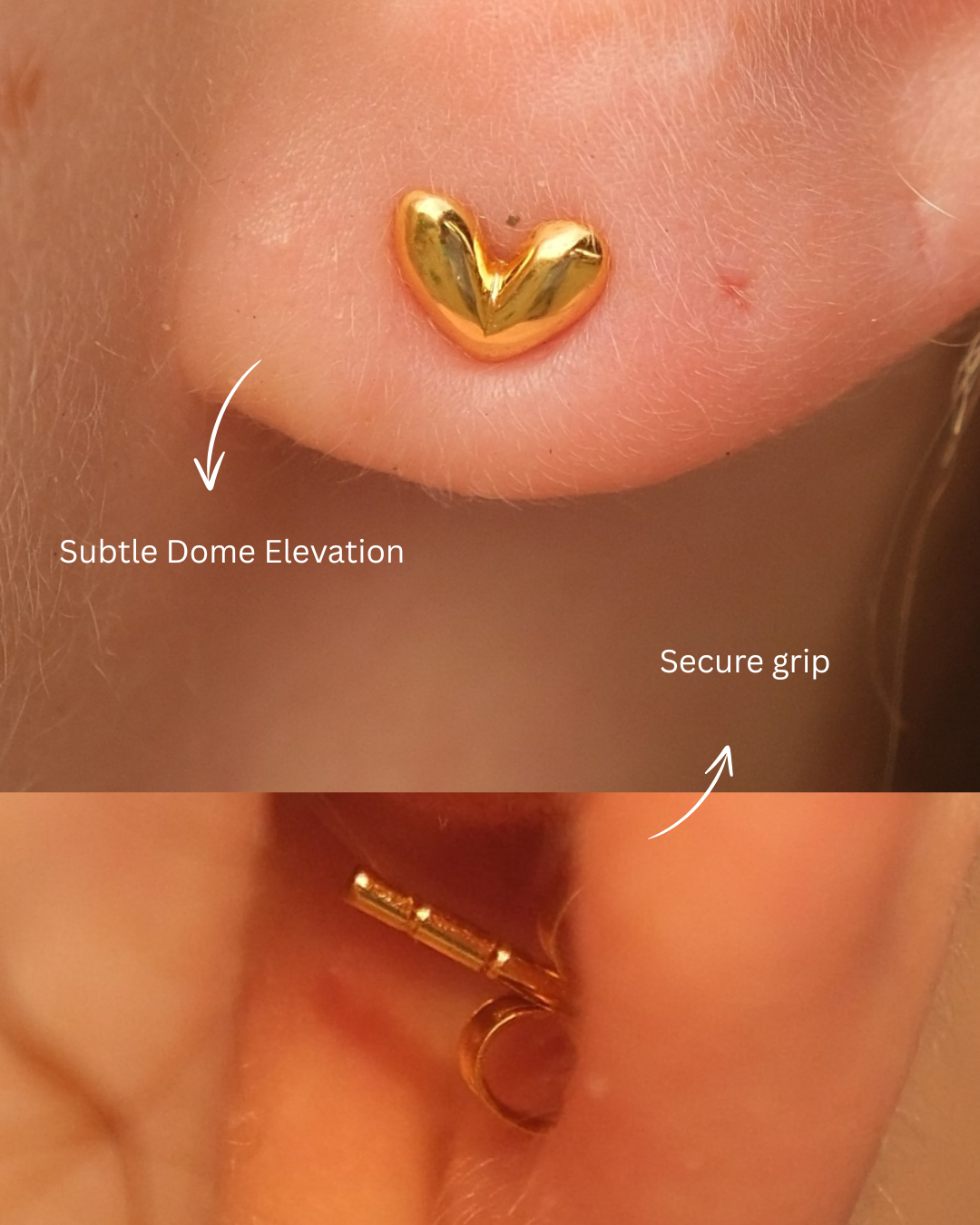 Dainty heart-shaped earrings featuring a unique raised dome design. Crafted with 18KT gold vermeil for lasting shine, these hypoallergenic studs add a timeless touch of elegance to any look.